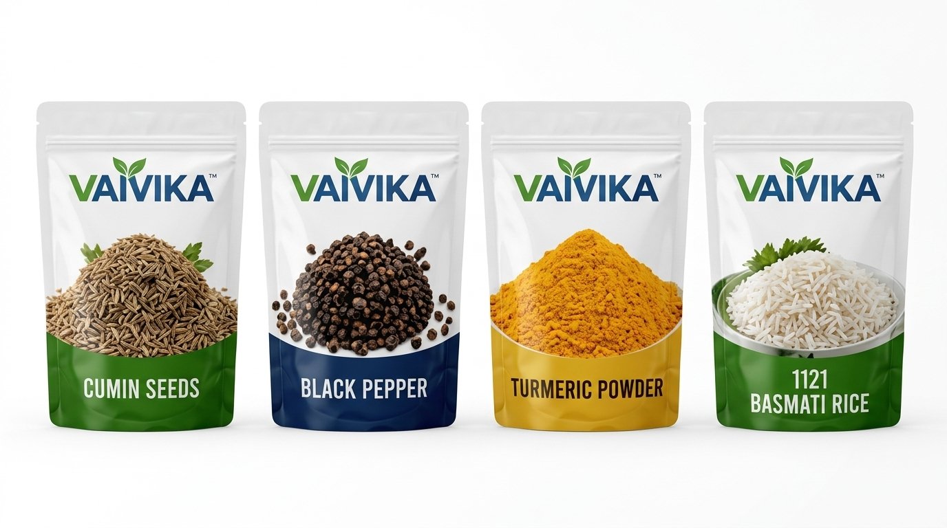 VAIVIKA Premium Indian Food Products — Cumin Seeds, Black Pepper, Turmeric Powder, 1121 Basmati Rice